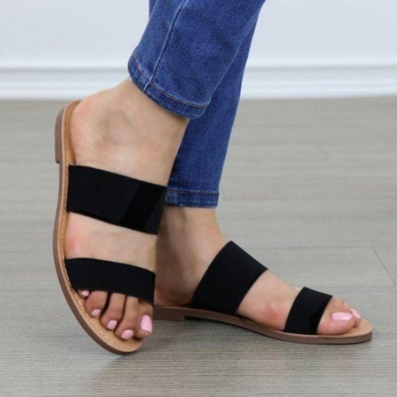 Shoes - Slip On 2 Strap Flat slider Sandal Black Velvet